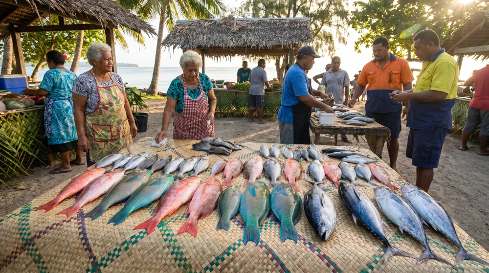 Fresh fish and local produce at the Saturday morning market in Vaiaku, Funafuti, Tuvalu