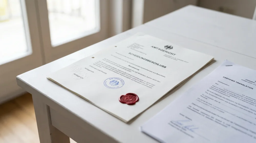 Beglaubigtes deutsches Scheidungsurteil mit zertifizierter Übersetzung, Pflichtdokument für eine Heirat in Jamaika.