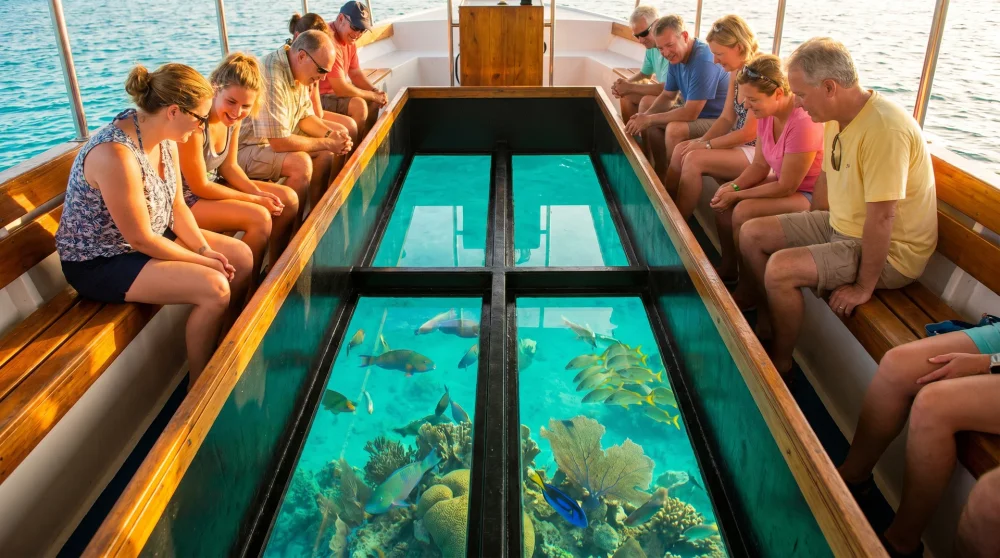 Tourists looking down through glass panels on a glass-bottom boat in Grand Cayman