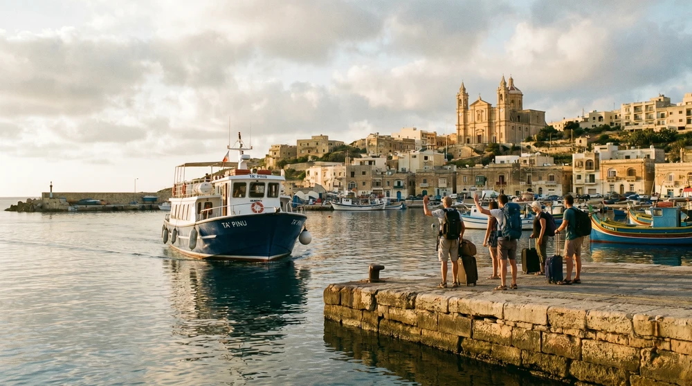 Ferry arriving at a calm Gozo harbour with travelers waiting on the quay