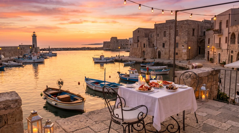 Restaurantterrasse mit Blick auf einen Fischerhafen auf Gozo bei Sonnenuntergang
