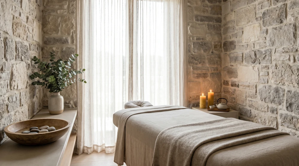 Serene Gozo spa treatment room with a massage bed and soft natural light