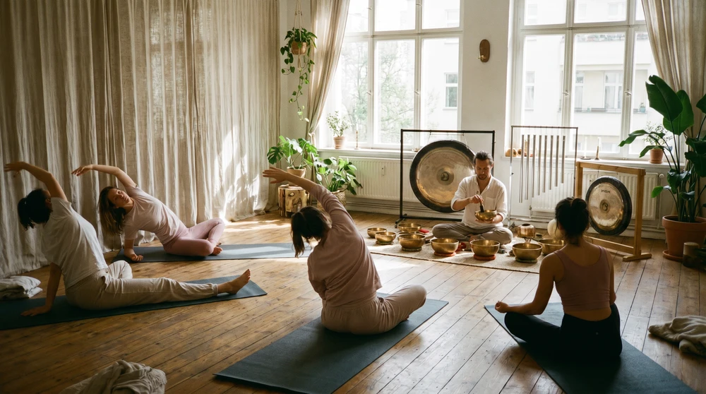 Small group yoga and sound-bath session in a bright Gozo studio