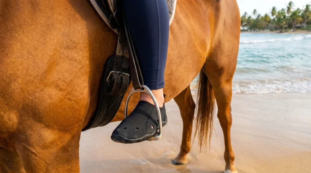 Proper footwear and leggings for horseback riding in Grand Cayman