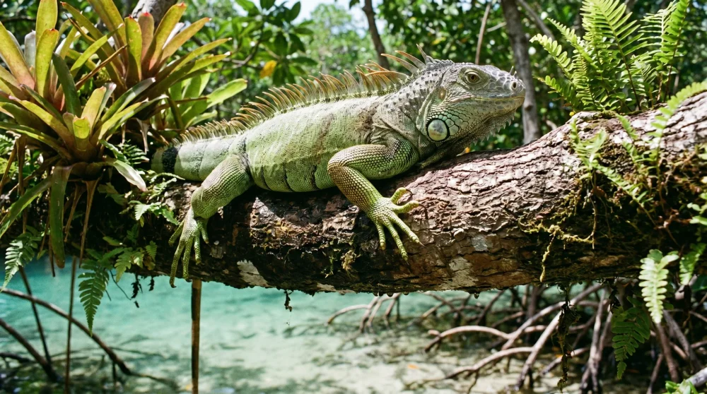 Green iguana on mangrove branch above the water in Grand Cayman