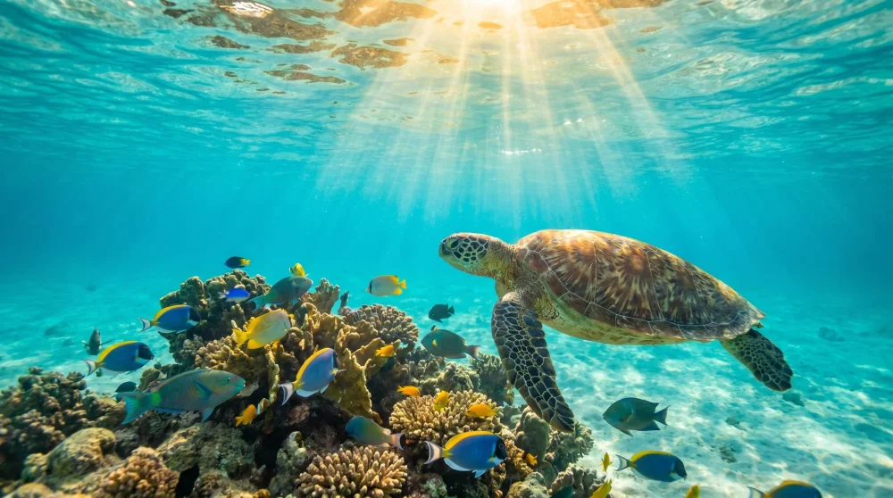 Meeresschildkröte über einem Korallenriff nahe Rum Point auf Grand Cayman