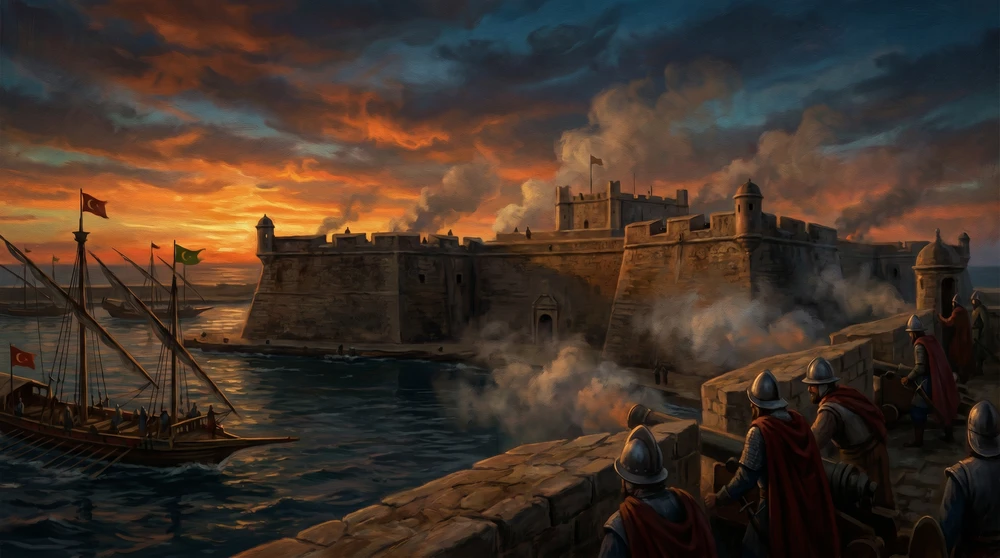 Outnumbered defenders holding smoke-filled fortress ramparts during a Mediterranean harbour siege at dusk