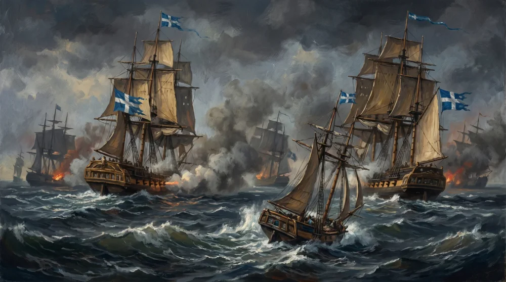 Dramatic maritime scene depicting Greek sailing ships in battle during the Greek War of Independence, 19th century style