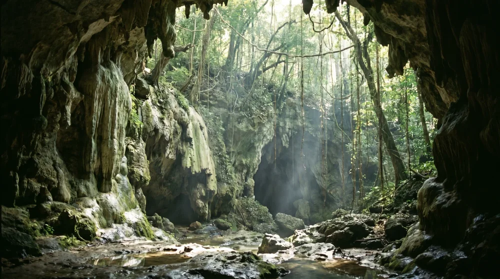 Green Grotto Caves entrance with limestone formations and natural light