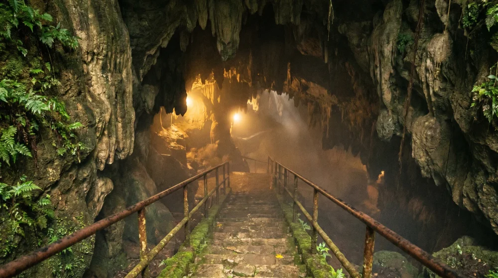 Stone staircase descending into a Jamaican limestone cave
