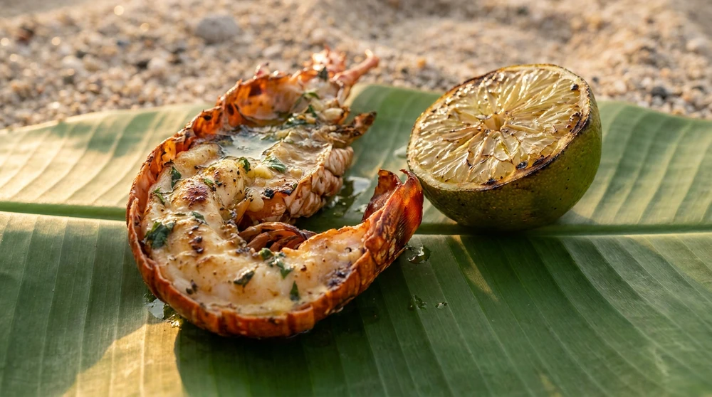 Grilled Caribbean rock lobster tail on a banana leaf with lime at a St Kitts beachside grill
