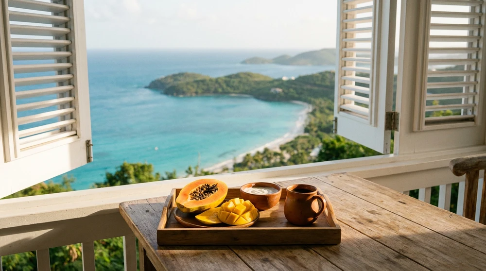 Tropical breakfast tray with papaya and mango on a guesthouse balcony overlooking the coast