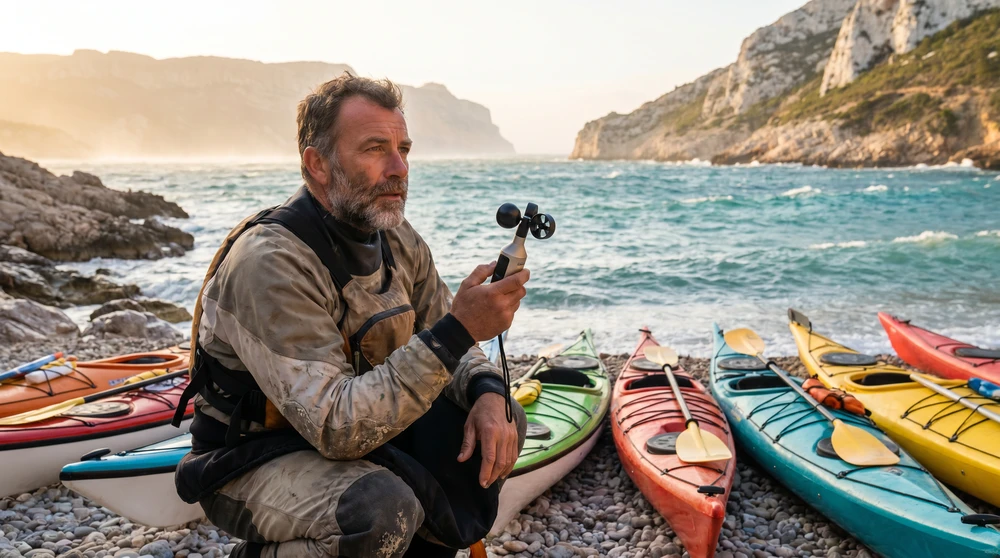 Seekajak-Guide prüft Wind und Wellen an einer felsigen Mittelmeerküste vor dem Start einer Tour
