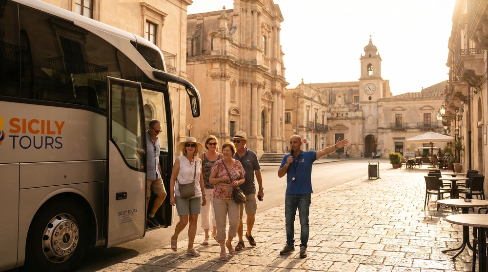 Reisende steigen in einen klimatisierten Reisebus für einen geführten Tagesausflug durch das sonnige Südost-Sizilien