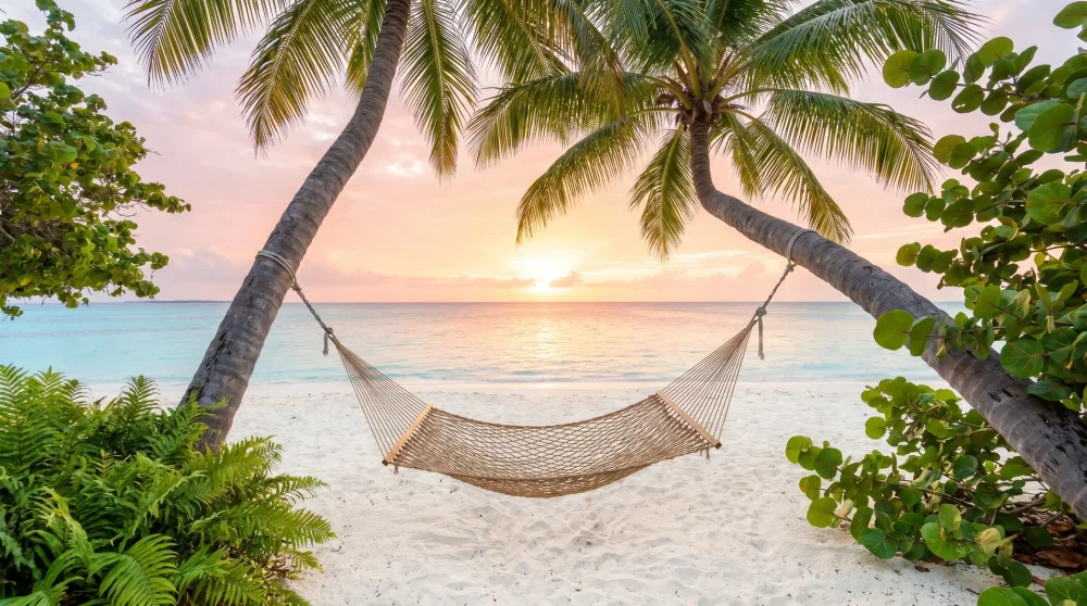 Leere Hängematte zwischen Palmen an einem einsamen Karibikstrand bei Sonnenaufgang