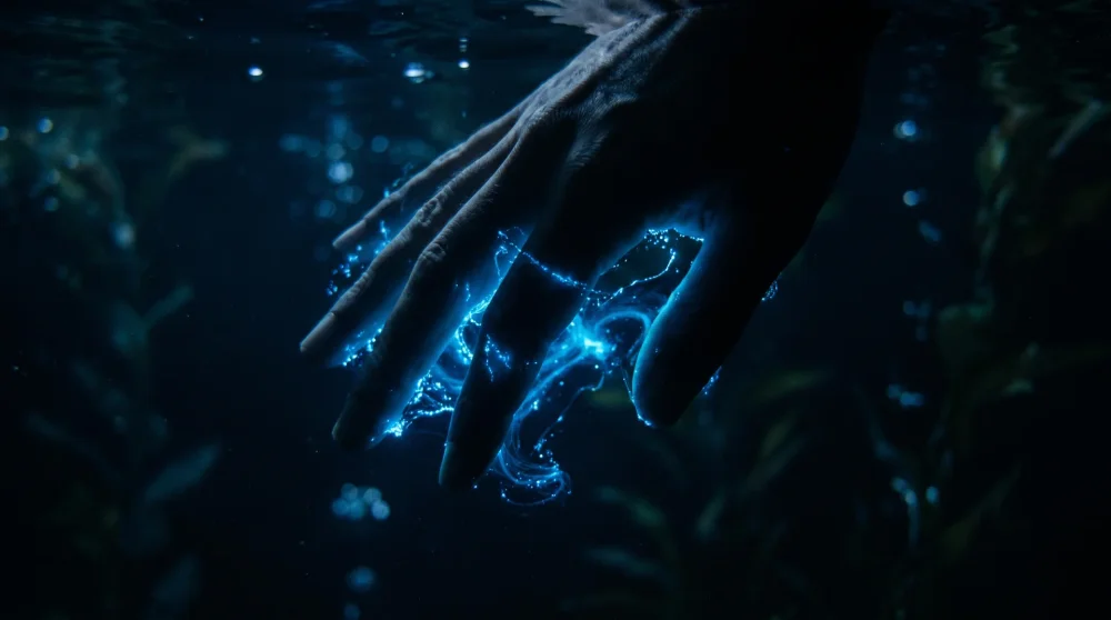 Hand in biolumineszierendem Wasser mit leuchtend blauen Partikeln