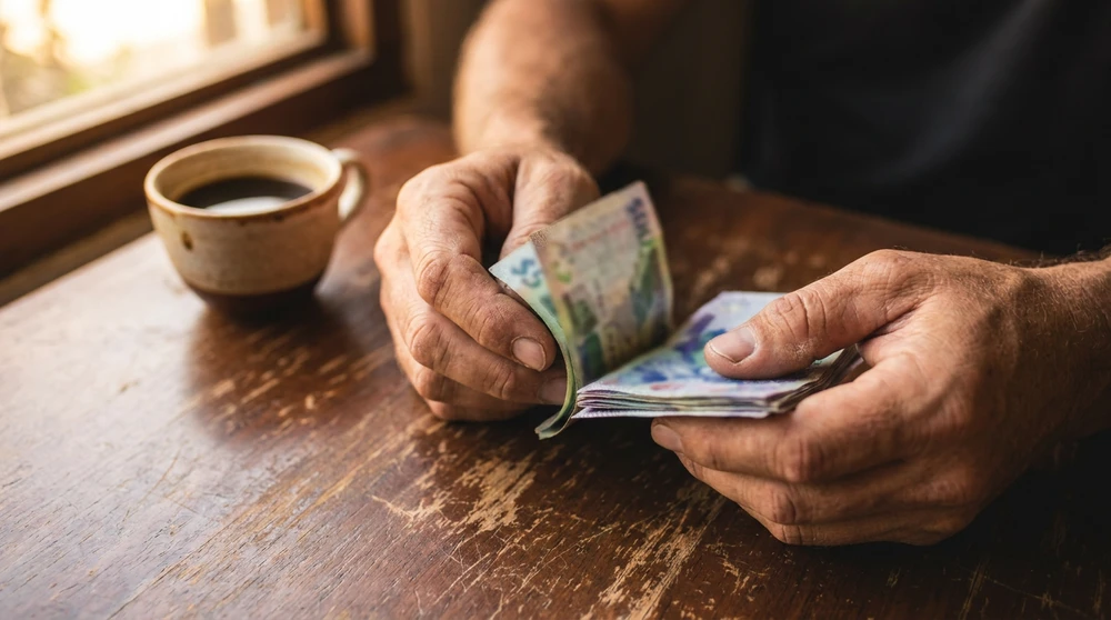 Close-up of hands counting Eastern Caribbean banknotes on a wooden cafe table