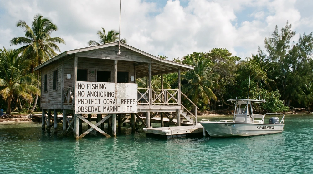 Marine park ranger station and rules sign at a protected bay in Baa Atoll, Maldives