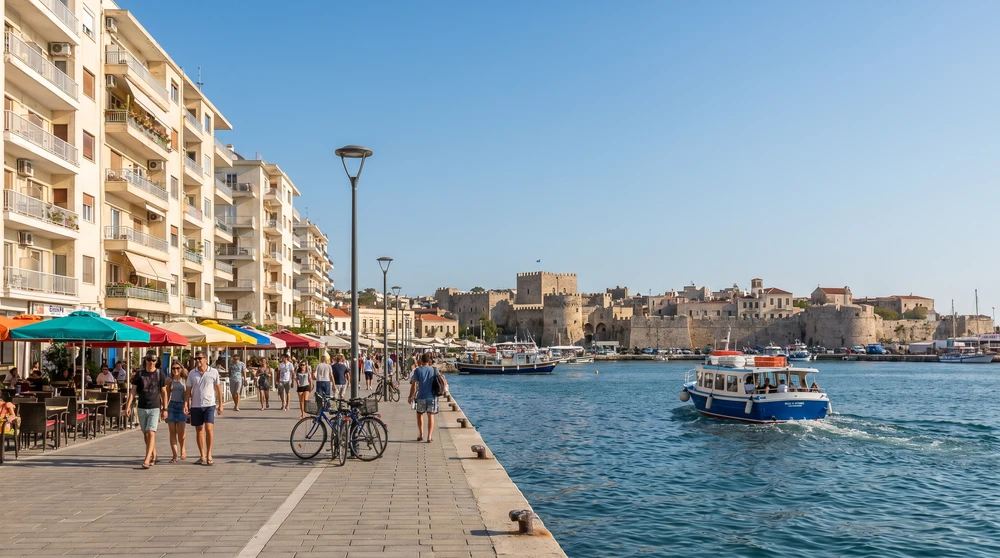 Uferpromenade mit Cafés gegenüber einem Hafen, eine Passagierfähre fährt in Richtung der befestigten Skyline