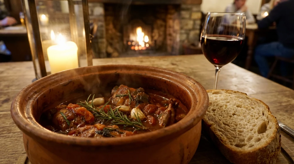 Dampfender Tontopf mit traditionellem maltesischen Kanincheneintopf in reicher Tomaten-Wein-Soße auf einem rustikalen Kerzentisch