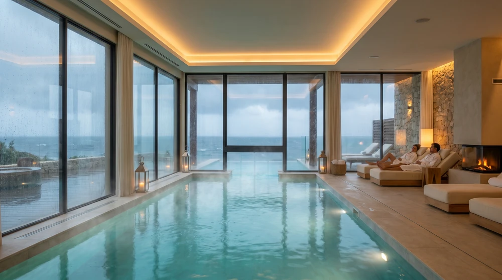 Dampfender beheizter Hotel-Innenpool hinter Glaswänden mit Blick auf ein stürmisch-graues Wintermeer