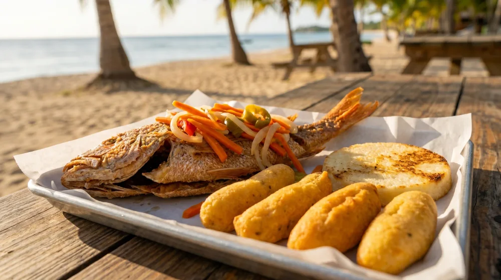 Authentischer jamaikanischer Escovitch-Fisch mit Bammy und Festival am Hellshire Beach