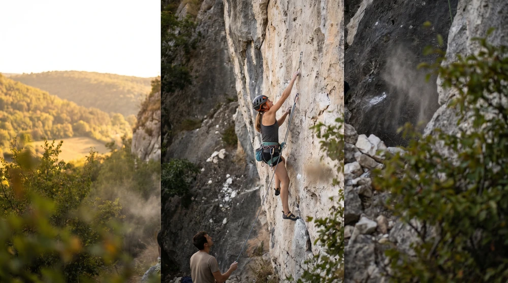 Helmeted sport climber clipping a quickdraw on a shaded inland limestone wall at dusk