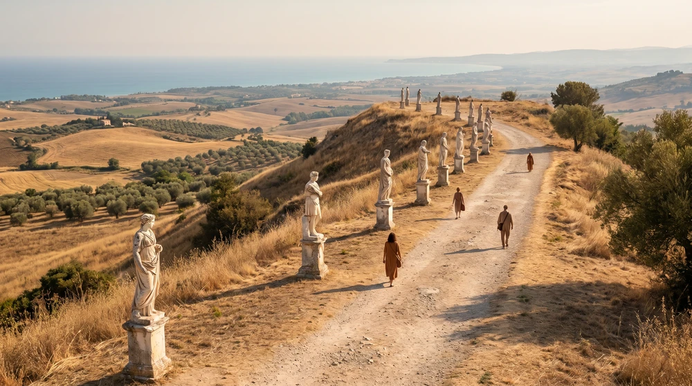 Reihe von Marmorstatuen auf einem sonnenbeschienenen Hügelweg mit Blick auf karges Land und die ferne Küste