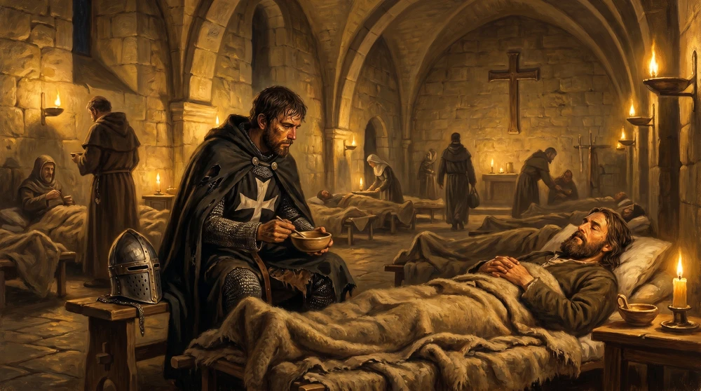 Medieval Hospitaller knight caring for a sick pilgrim in a candlelit stone hospital hall