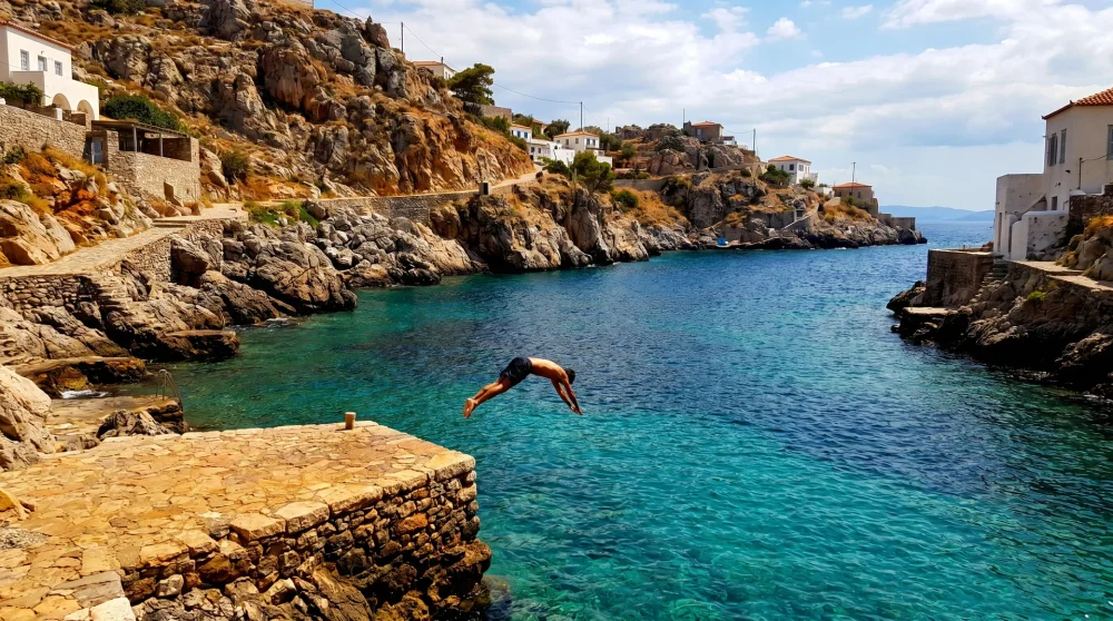 Person beim Schwimmen in klarem blauem Wasser an einer felsigen Bucht auf Hydra