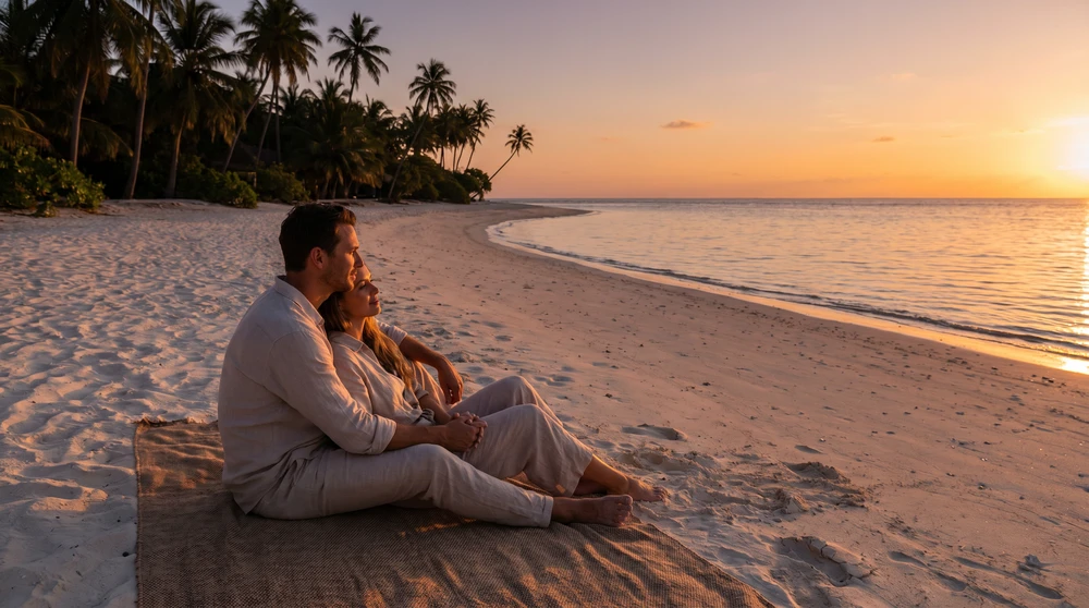 Paar entspannt am palmengesäumten Tropenstrand zur goldenen Stunde im Indischen Ozean