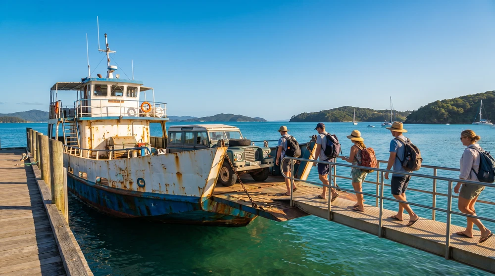 Passagiere und ein Auto steigen auf eine kleine Inselfähre über türkisfarbenem ruhigem Wasser