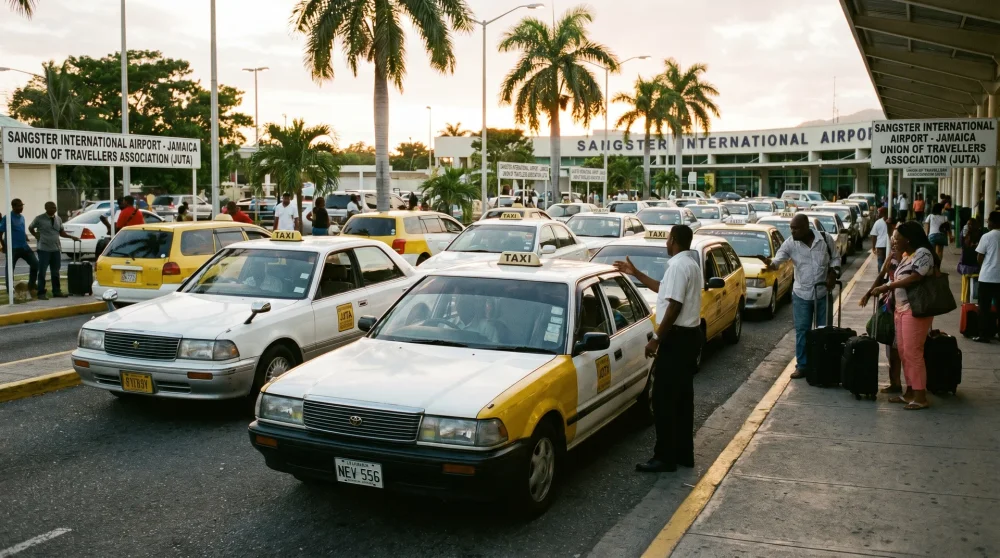 Lizenzierte Taxis in einer Reihe am Ausgang der Ankunftshalle eines jamaikanischen Flughafens