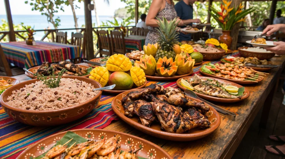 Colorful all-inclusive buffet spread at a Jamaica resort featuring jerk chicken and tropical dishes