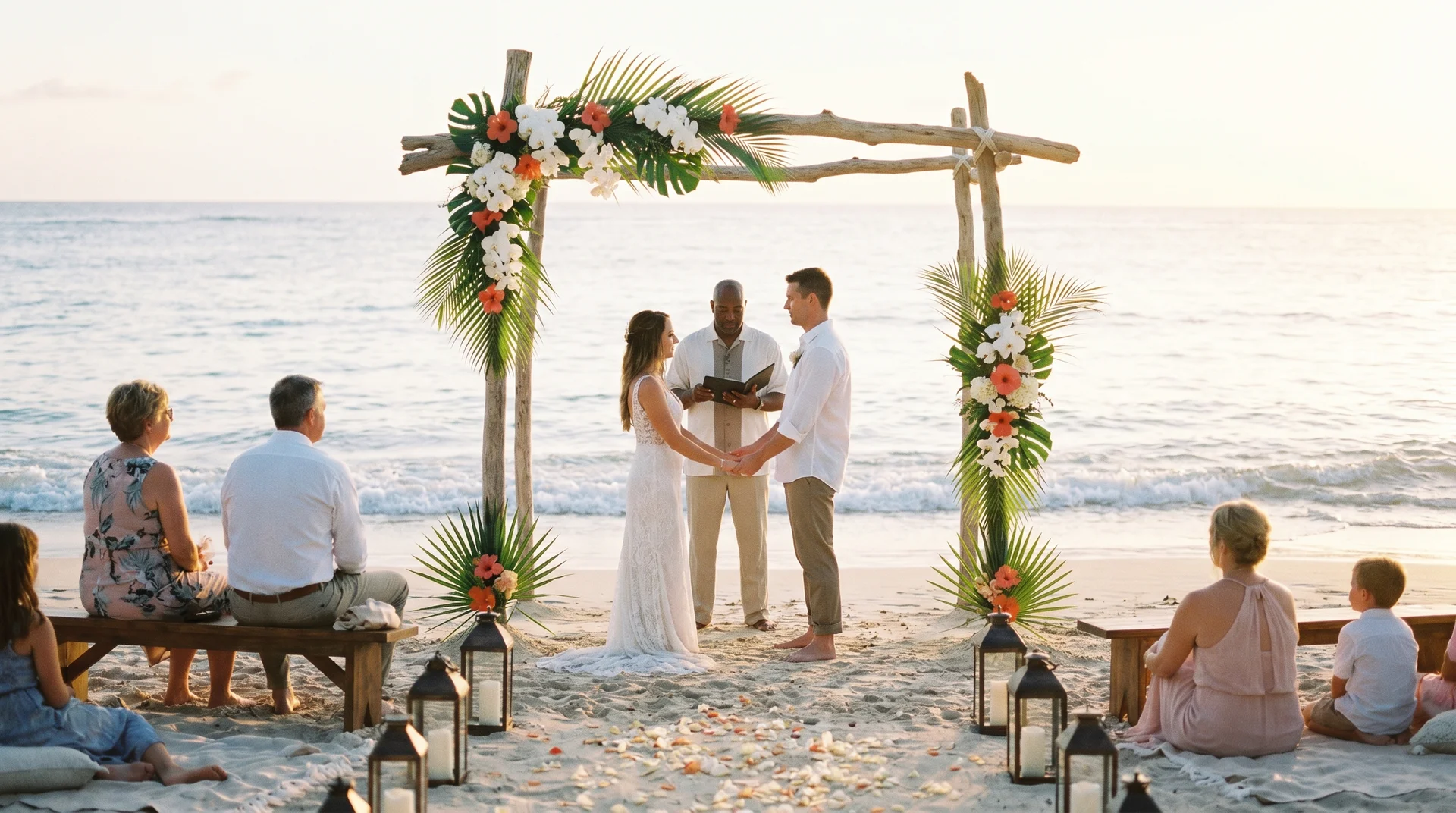 Strandtrauung bei Sonnenuntergang in Jamaika mit Standesbeamten, Blumenbogen und dem karibischen Meer im Hintergrund.