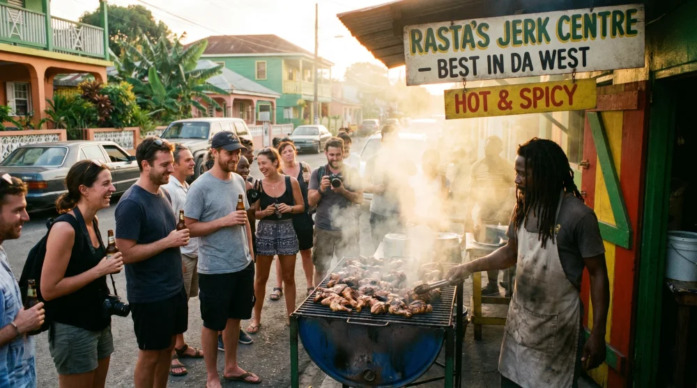 A local vendor grilling jerk chicken at a roadside stall in Jamaica at golden hour