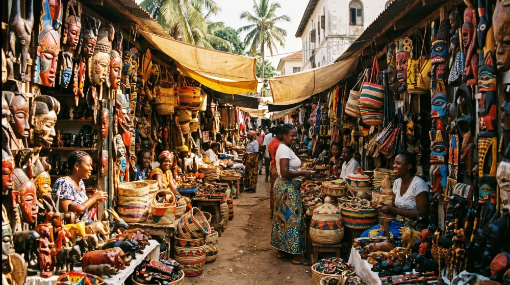 Dense craft market corridor at the exit of Dunn's River Falls Jamaica lined with wooden carvings and souvenirs