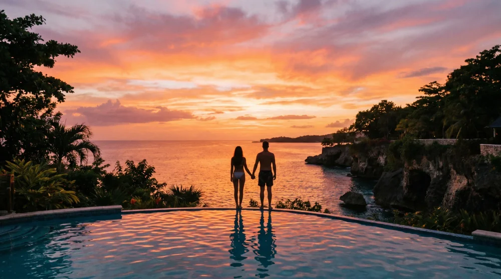 A couple watching the sunset from a clifftop infinity pool overlooking the Caribbean Sea in Negril