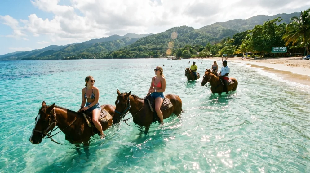 Touristen auf Pferden, die in die Karibik reiten, beim Ozean-Pferderitt auf Jamaika