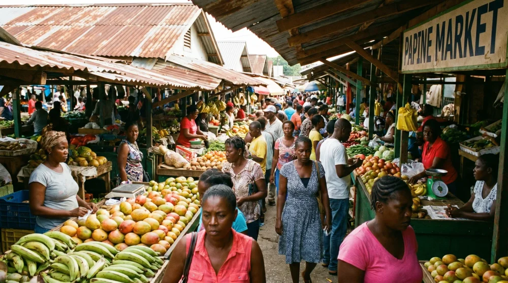 Shoppers browsing a colorful fresh produce market in a Jamaican town