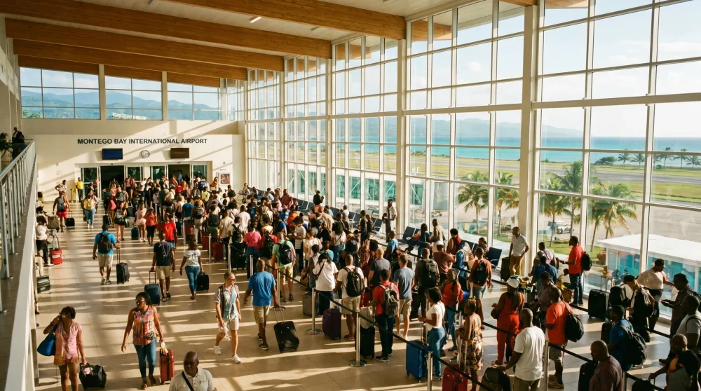 Reisende in der modernen Abflughalle des Sangster International Airport in Montego Bay