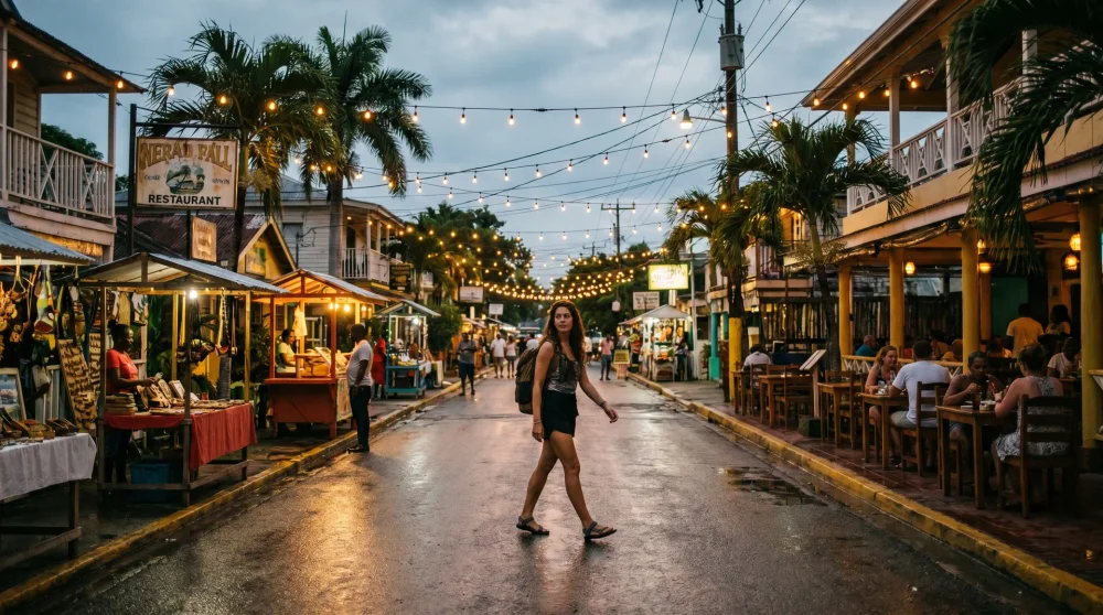 Reisender spaziert am belebten Hotelstreifen in Negril, Jamaika am frühen Abend