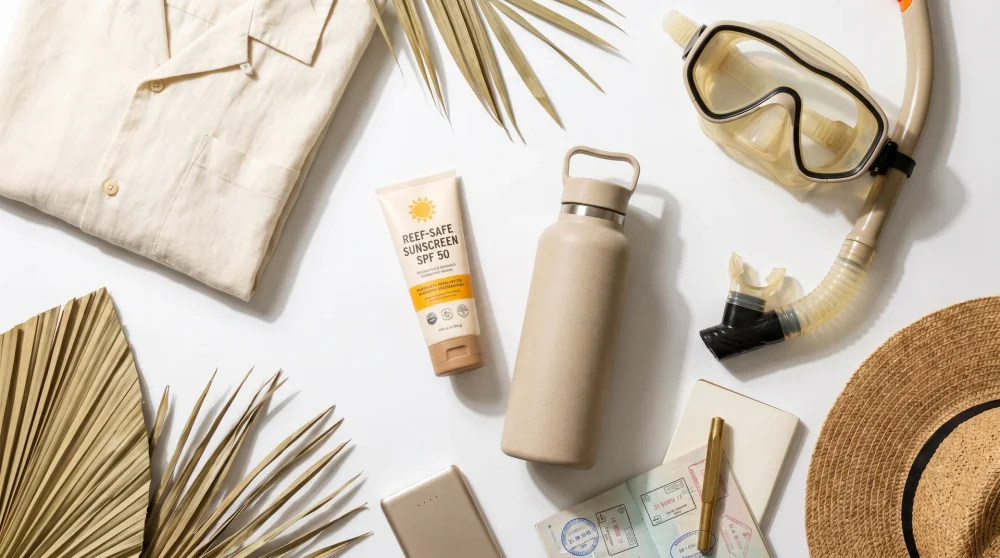 Flat-Lay mit wesentlichen Reiseutensilien für Jamaika: riffverträgliche Sonnencreme, Schnorchelmaske und Reisedokumente