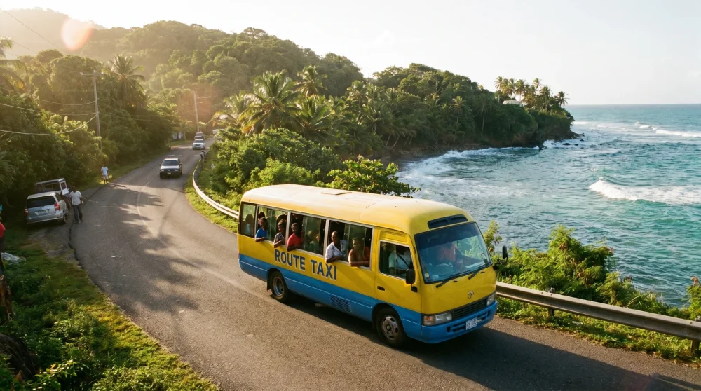 A brightly painted route taxi traveling along a winding coastal road in Jamaica