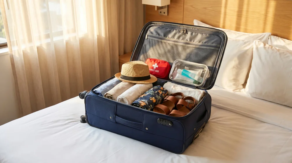 Neatly packed suitcase with lightweight tropical clothing and travel essentials on a hotel bed before a Jamaica trip