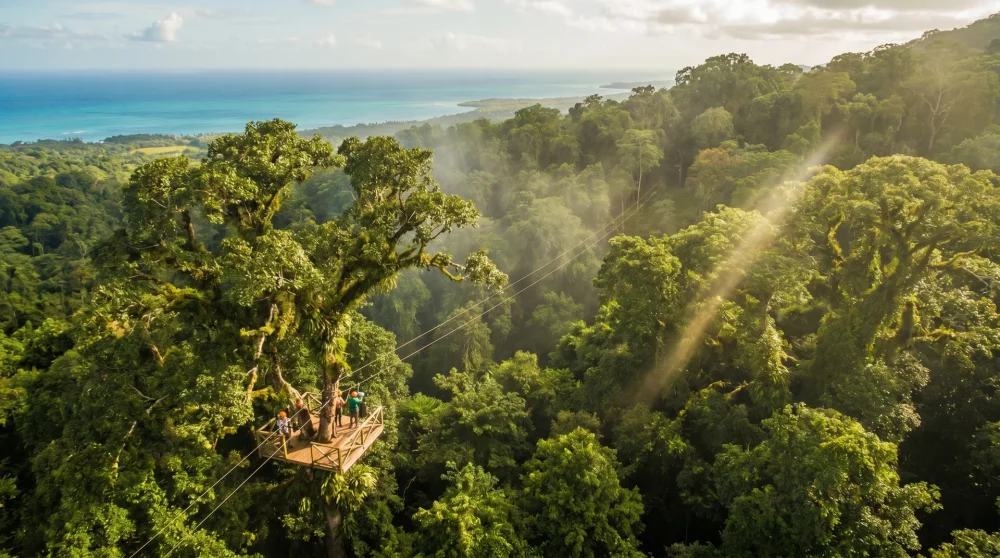 Touristen beim Ziplining durch das tropische Walddach auf Jamaika