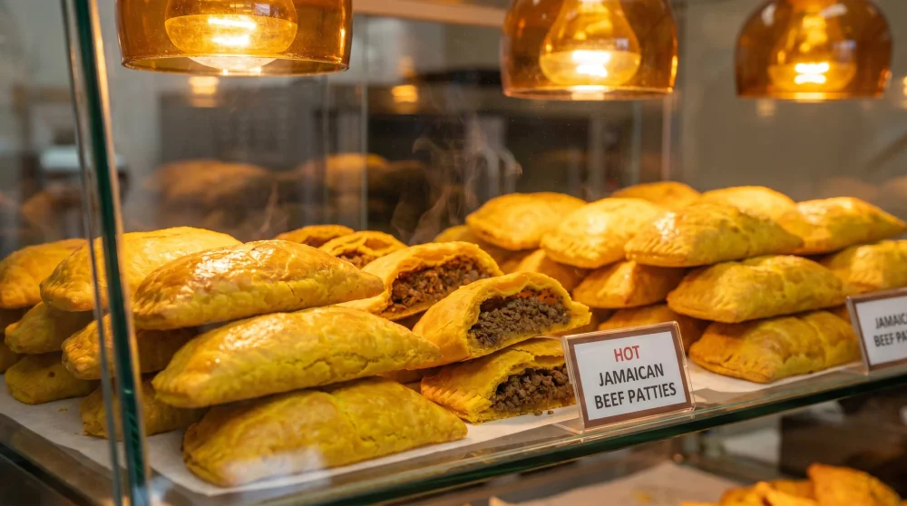 Golden Jamaican beef patties with flaky pastry displayed at a local bakery counter