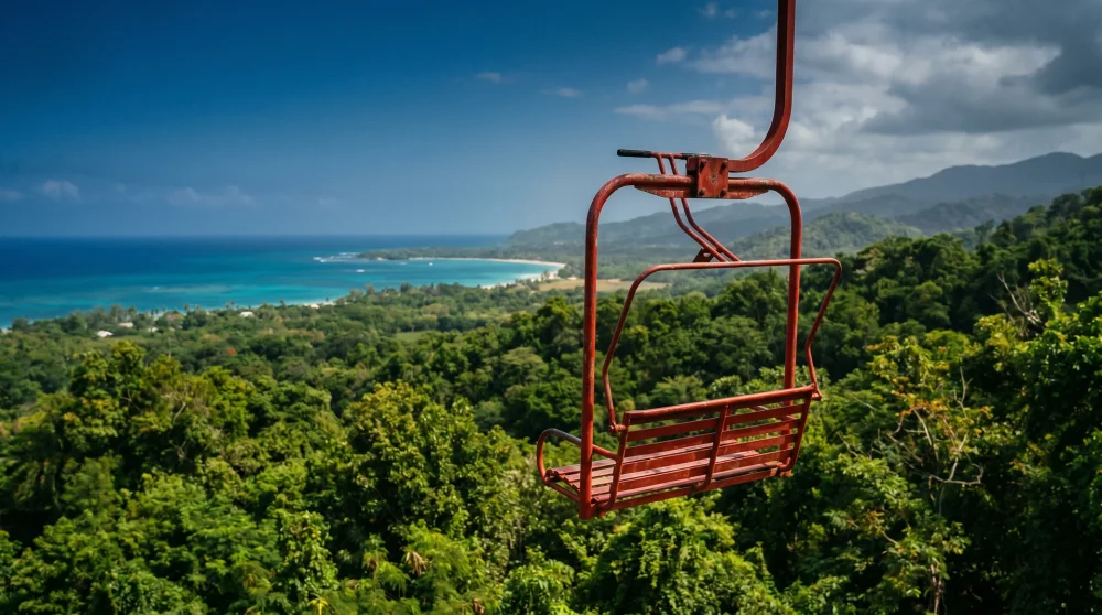 Sky Explorer chairlift rising through tropical forest at Mystic Mountain
