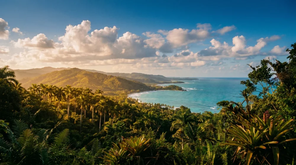 Panoramic Caribbean coastline view from Mystic Mountain summit