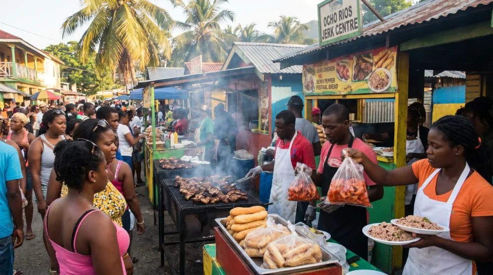 Busy Jamaican street food market with vendors selling jerk chicken, pepper shrimp and local dishes